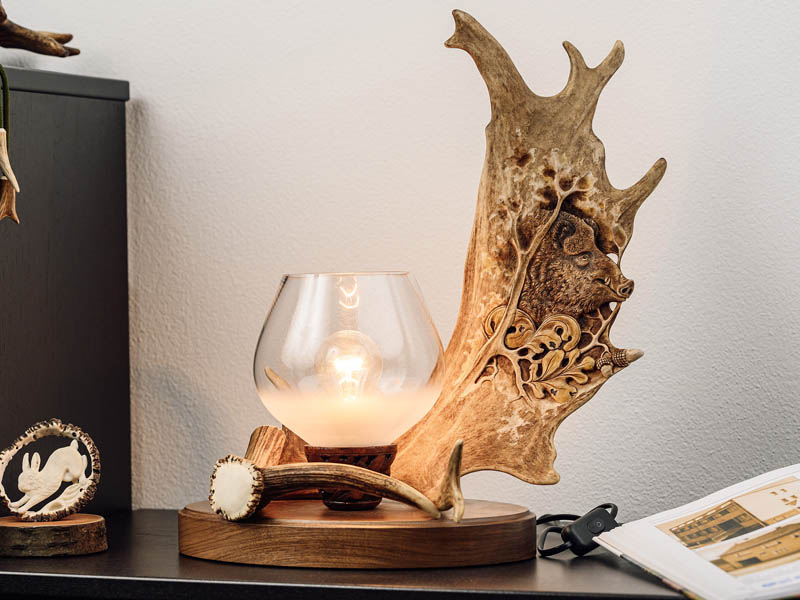 Desk lamp - wild boar carving