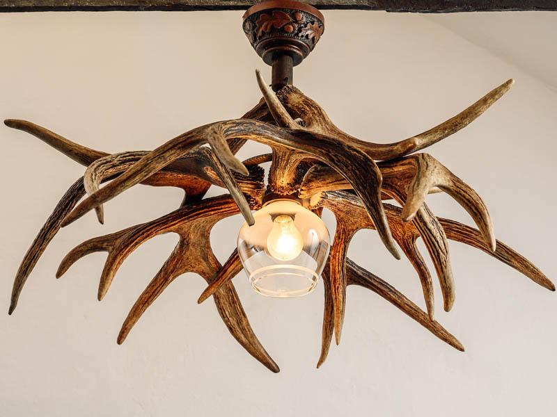 Jávorszarvas agancsból készült csillár egy lámpával
