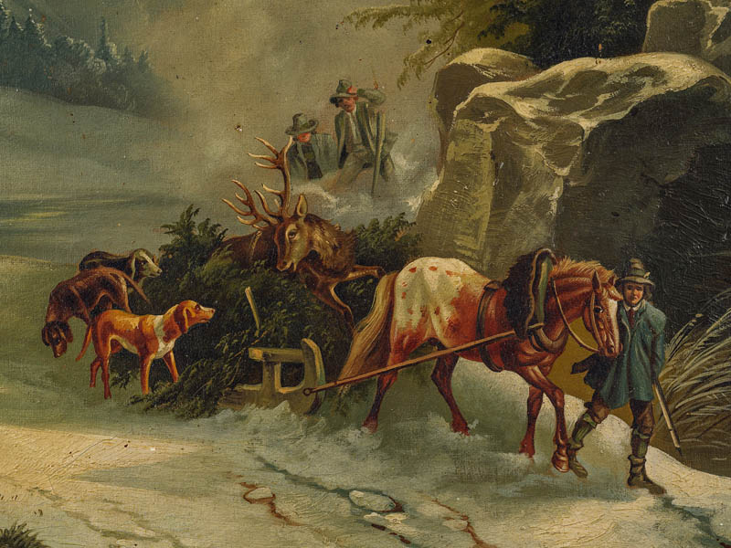 Jäger mit Pferd im Winter
